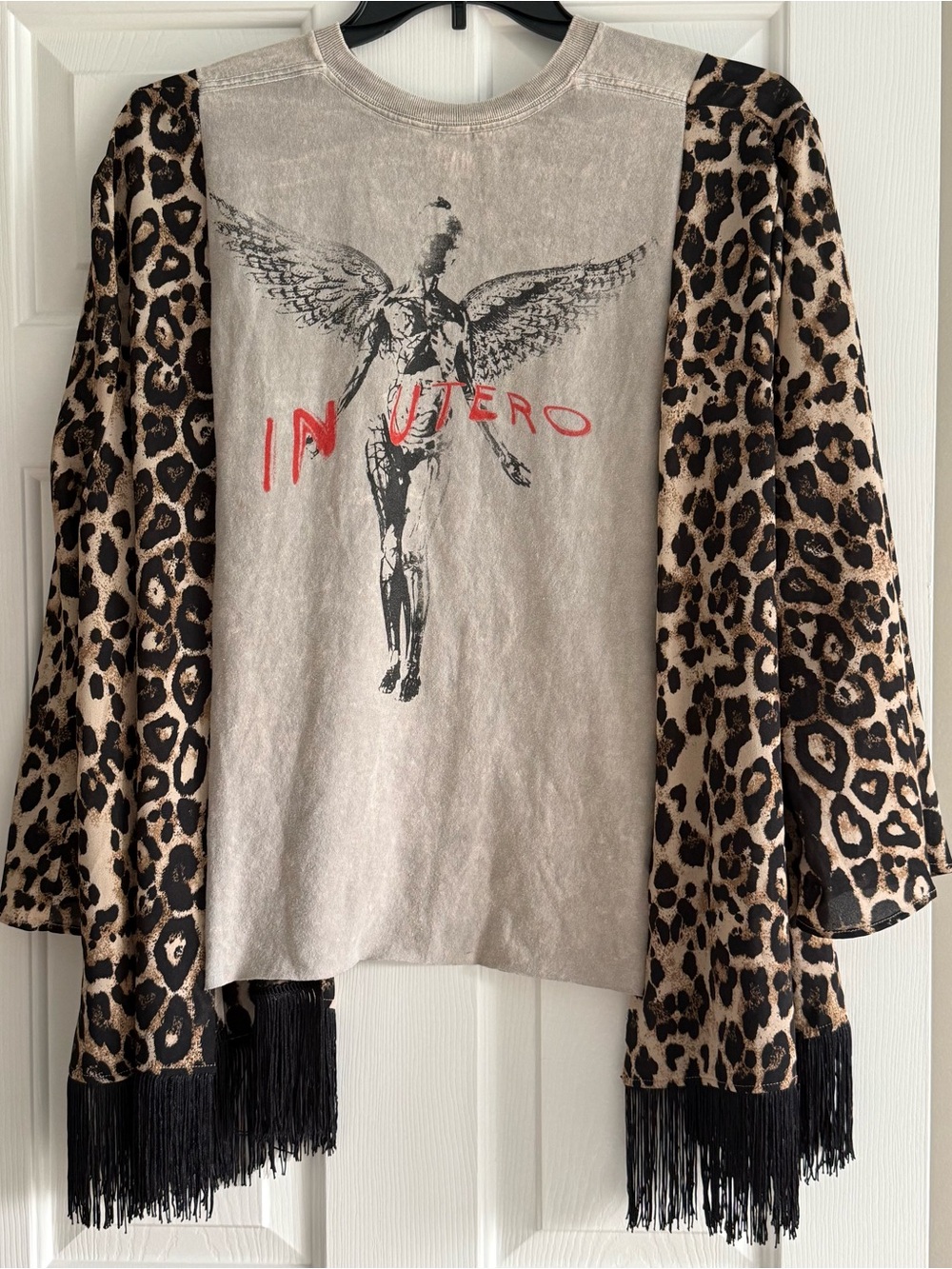 NIRVANA Custom Upcycled Graphic Tee Poncho Kimono Top Animal Print OSFM BOHO - Picture 3 of 3